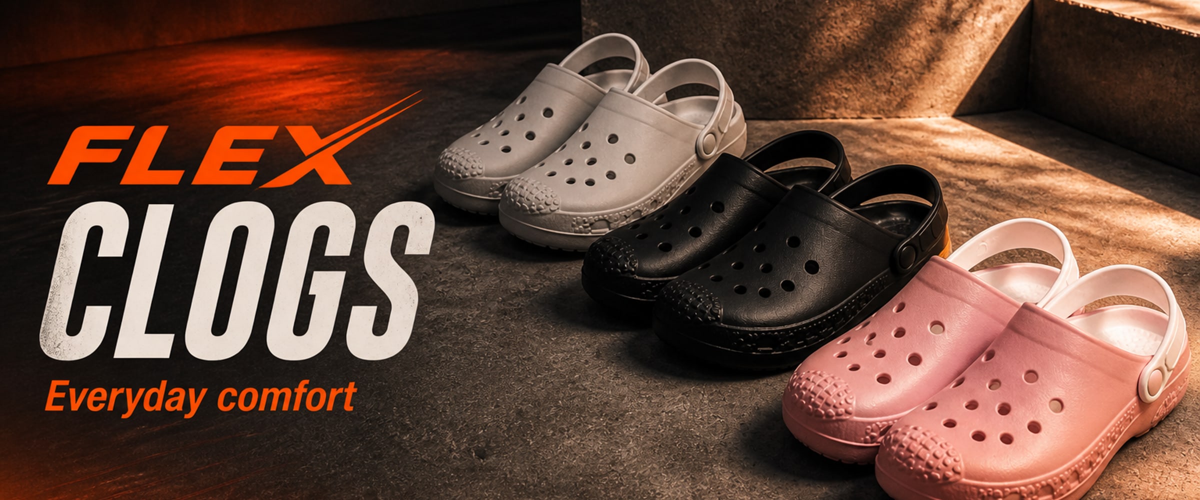 FLEX STUDIO clogs in Ash, Black, and Pink